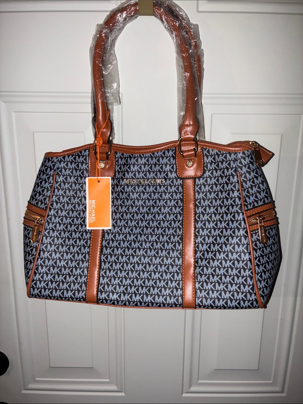 Michael Kors Black MK Logo Tote with Brown Trim